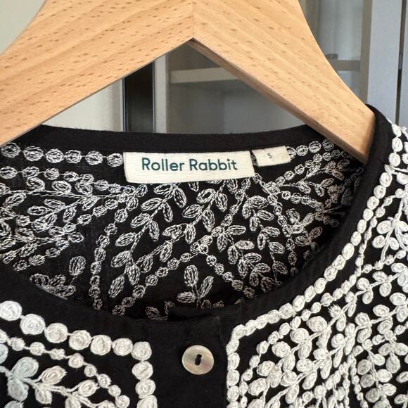 Roller Rabbit Embroidered Midi Dress Cotton Flax Black White Shift Small S - Picture 6 of 7
